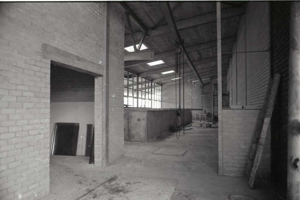 The inside of a pump building under construction at a Water Board construction site, October 1969